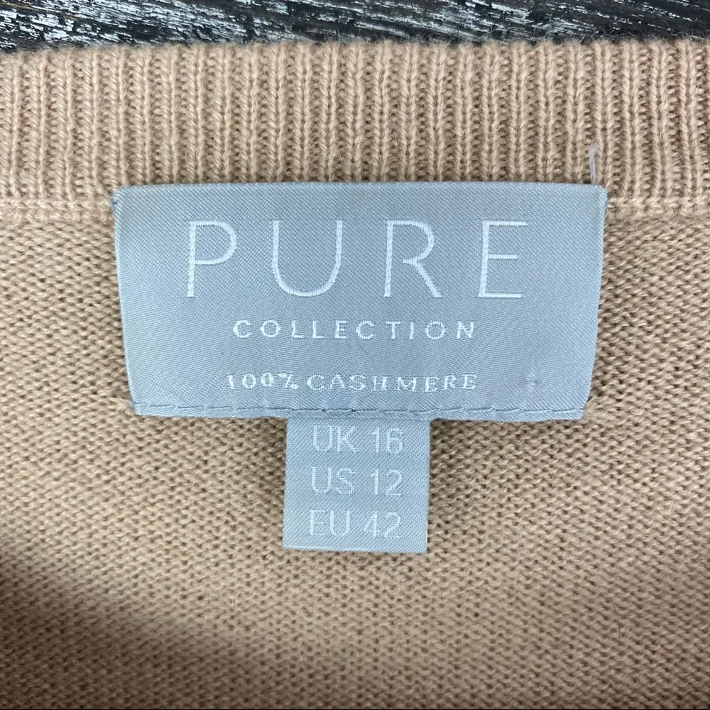 Pure Collection 100% Cashmere Long Sleeve Cardigan Button Up Sweater 12 Tan - Image 4