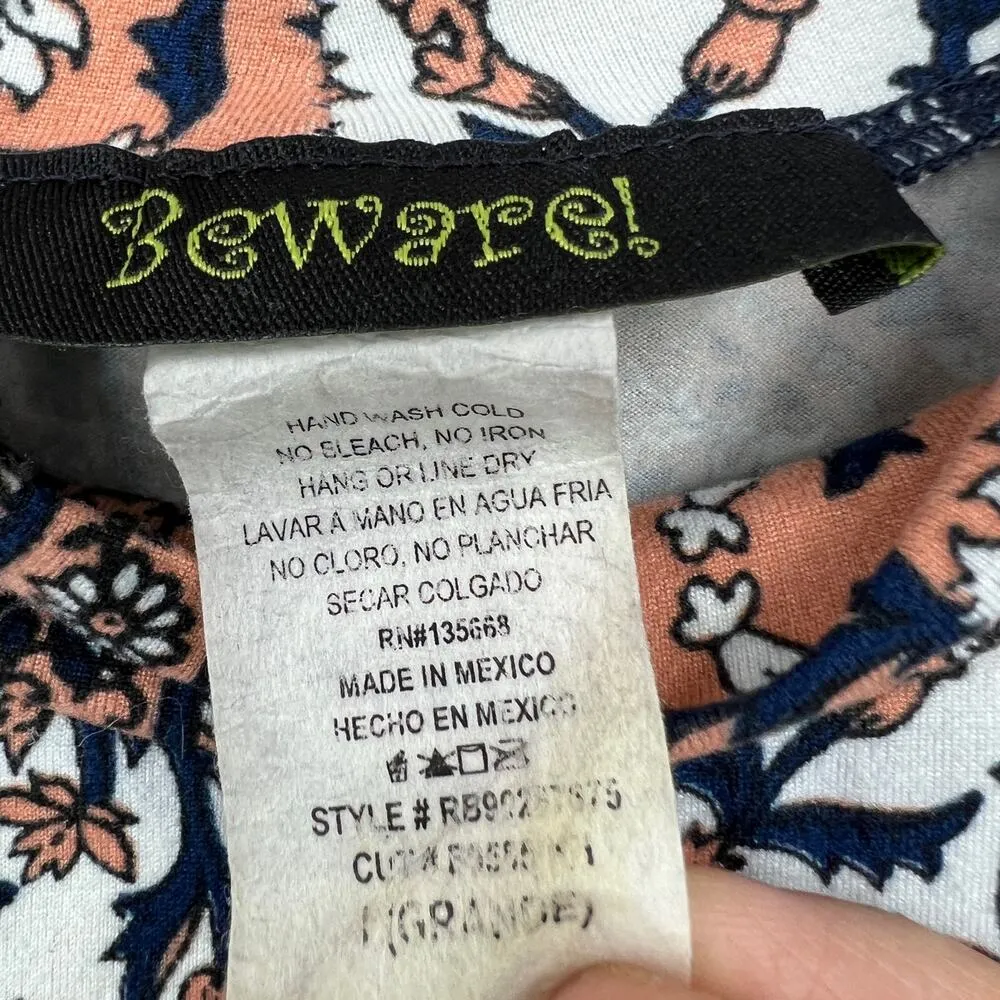 Y2K VINTAGE Beware LARGE White Orange Floral Microfiber Crop Mock Neck Top Shirt - Image 6