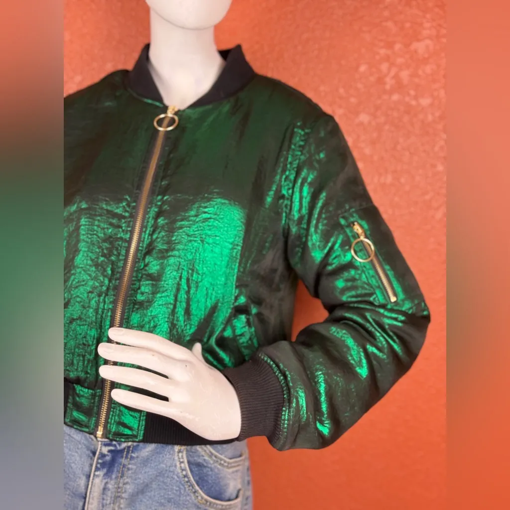 House of Holland Metallic Green Bomber Jacket - Image 4