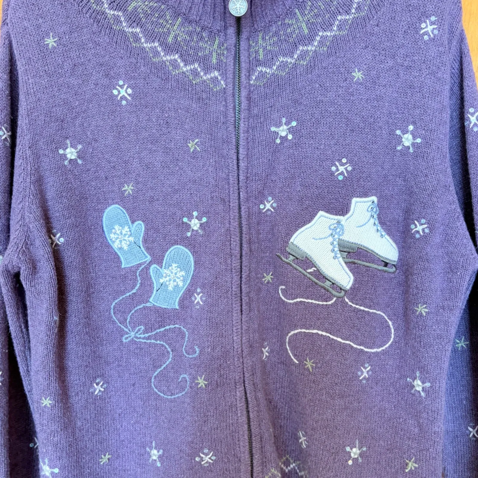 Christopher & Banks Purple Ice Skate Mittens Snowflake Sweater M Hand Embroider - Image 6
