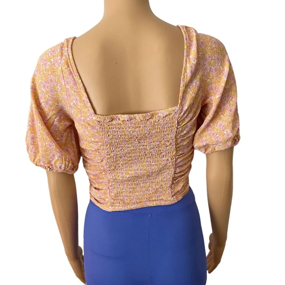 H&M Pink Yellow Cottagecore Floral Print Smocked Peasant Style Crop Top Sz Small - Image 3