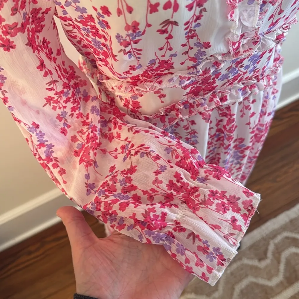 Midi Dress Long Sleeve Pink White Floral Frill Trim Flounce Sleeve Ruffle Hem M Size M - Image 5