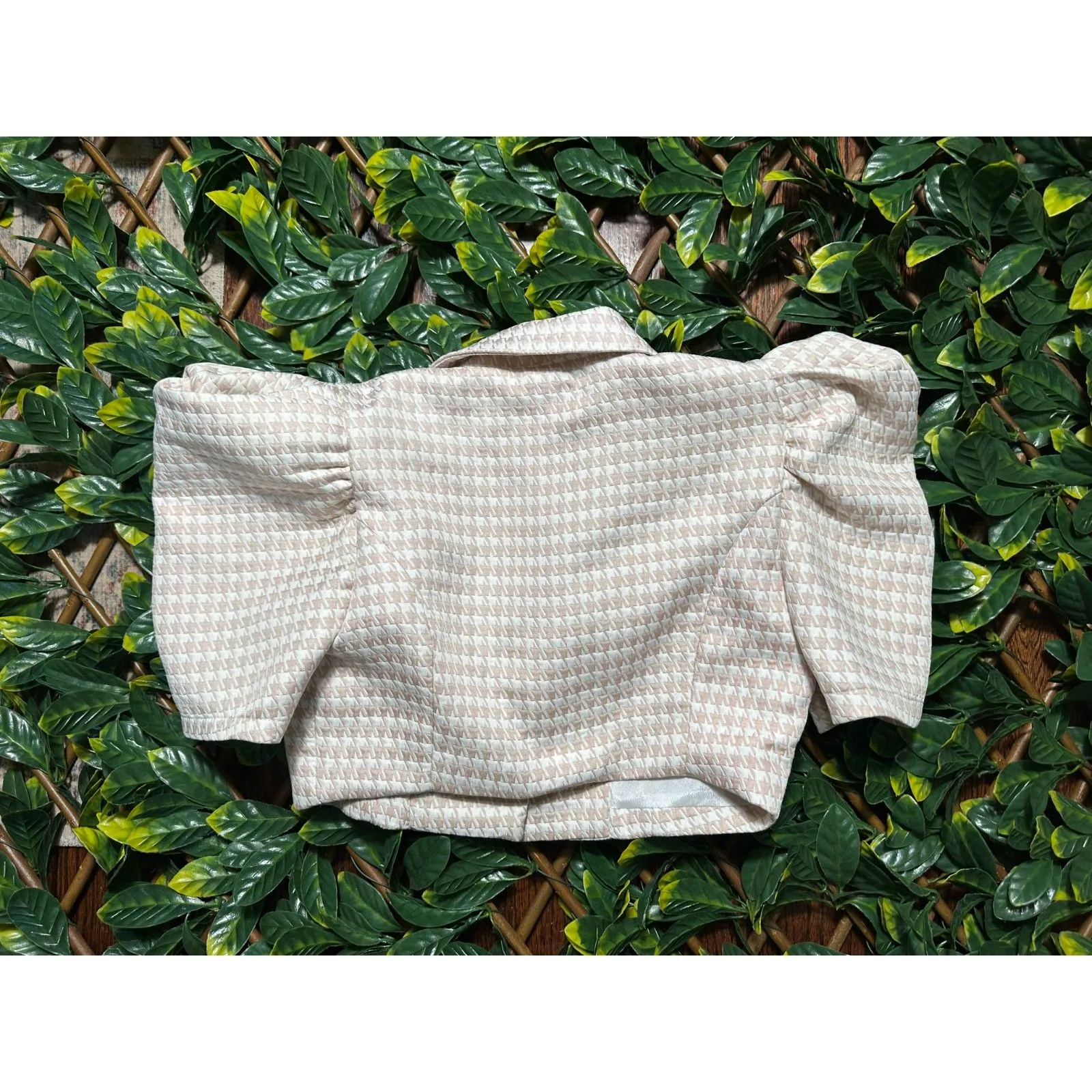 BLITHE LA Pink White Houndstooth Puffy Shoulder Cropped Blazer Top Size S - Image 2