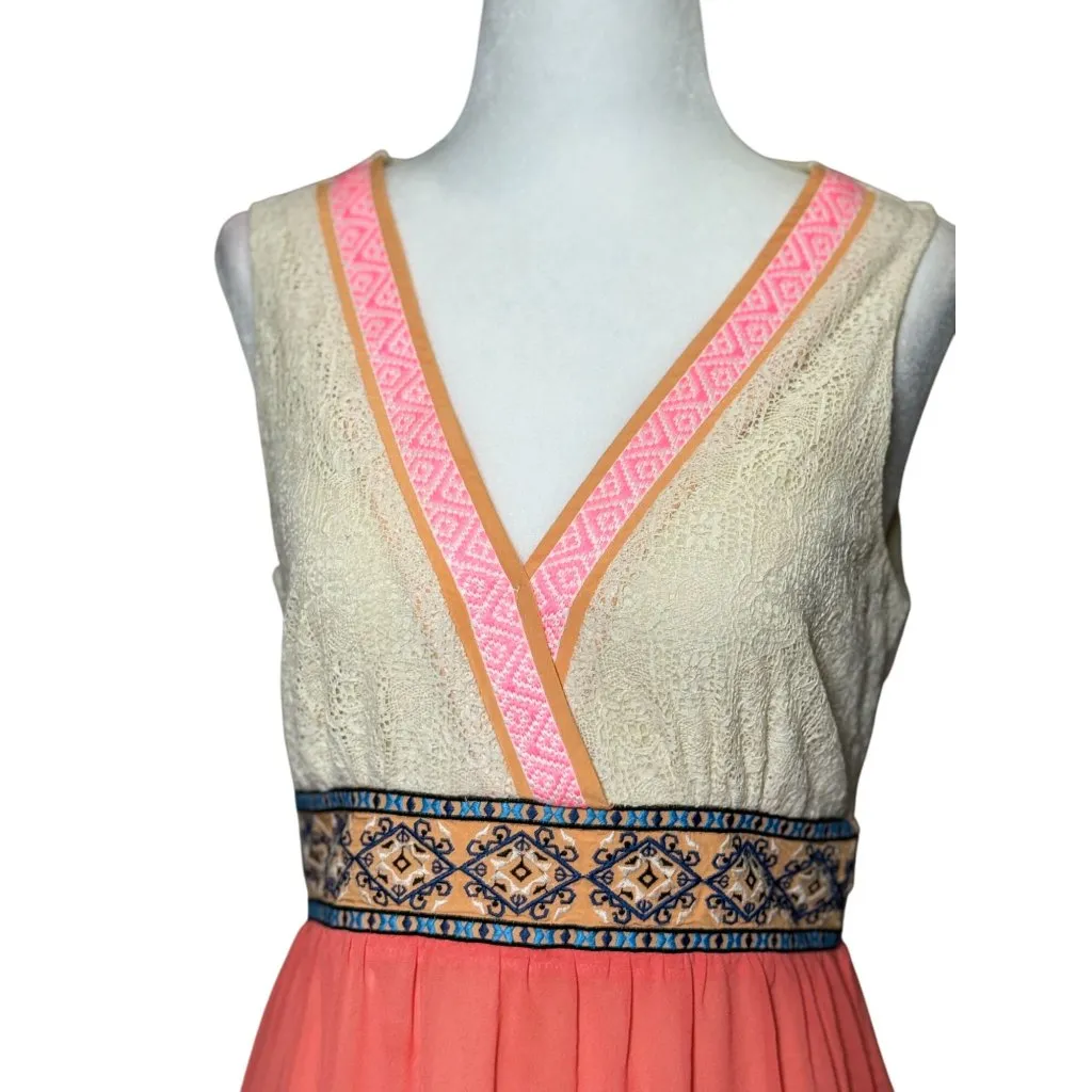 Flying Tomato Maxi Dress Size Medium V-neck Sleeveless Coral Boho Peasant Beach - Image 2