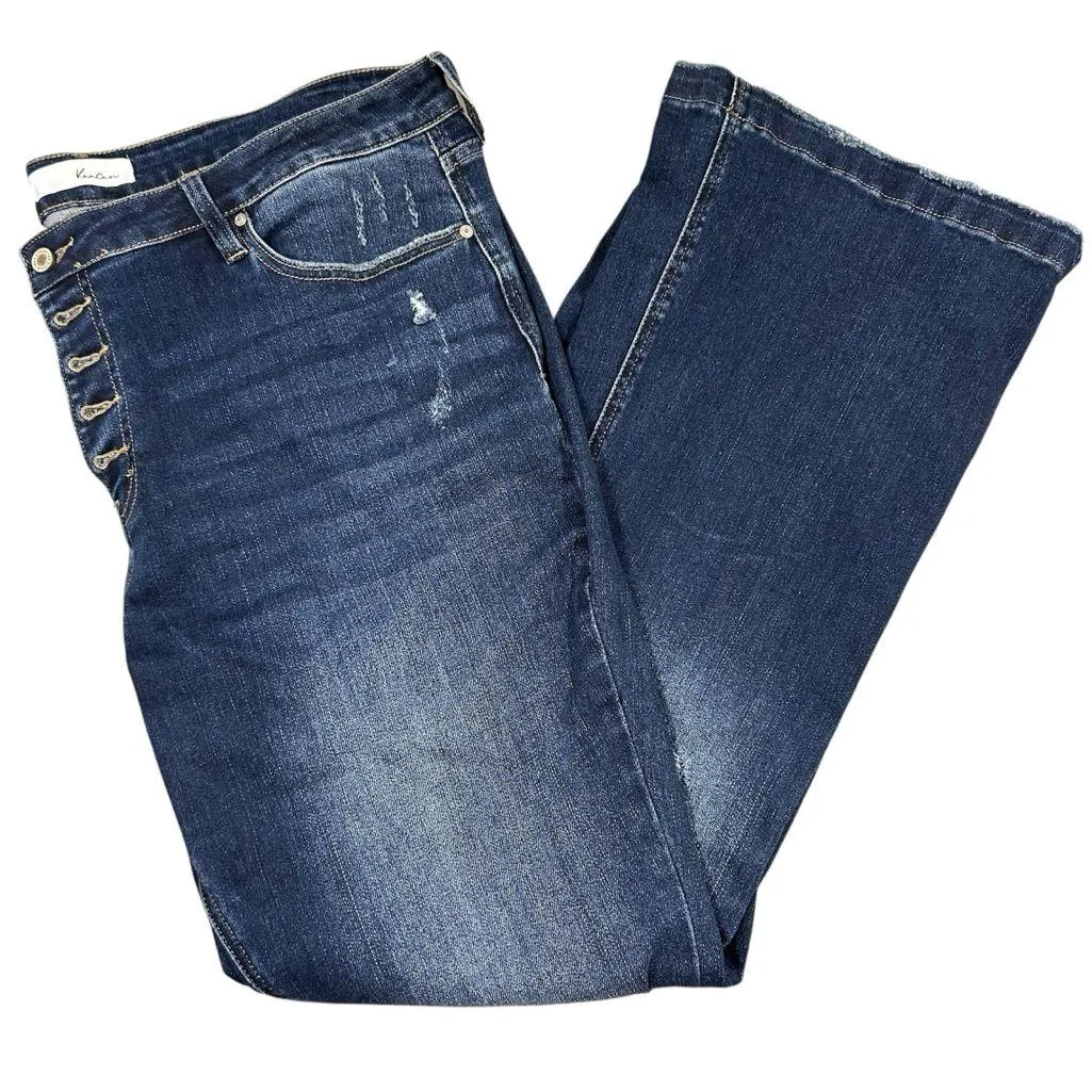 KanCan Flare Denim Blue Jeans Dark Wash Distressed 5 Button Fly Womens Size 22W - Image 1