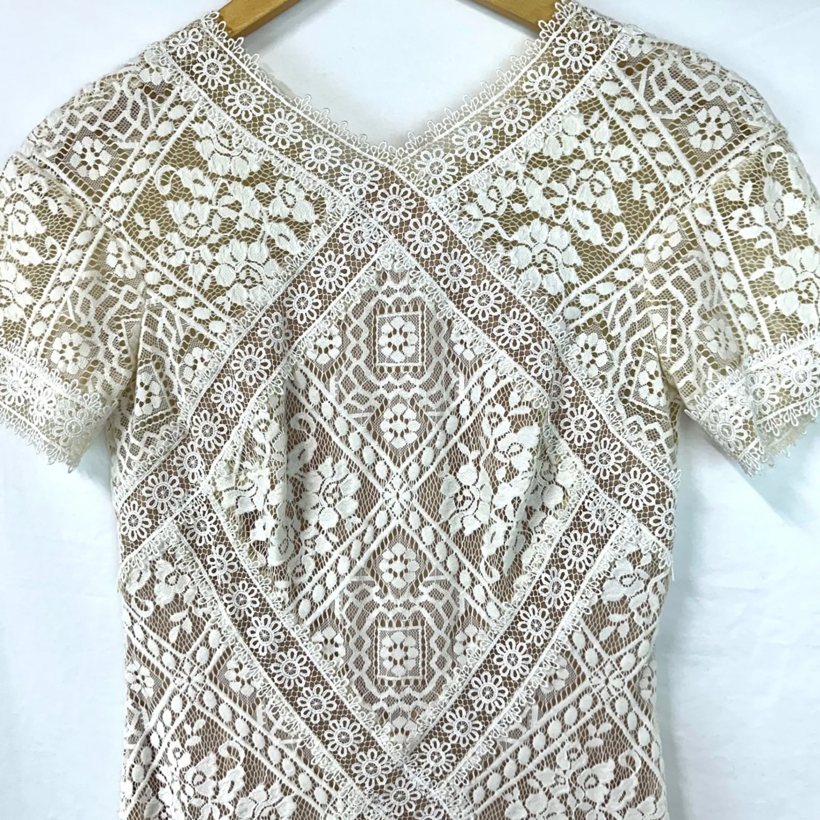 TADASHI SHOJI Cream Floral Lace Nude Short Sleeve Cocktail Party Dress Women's 2 - Image 2