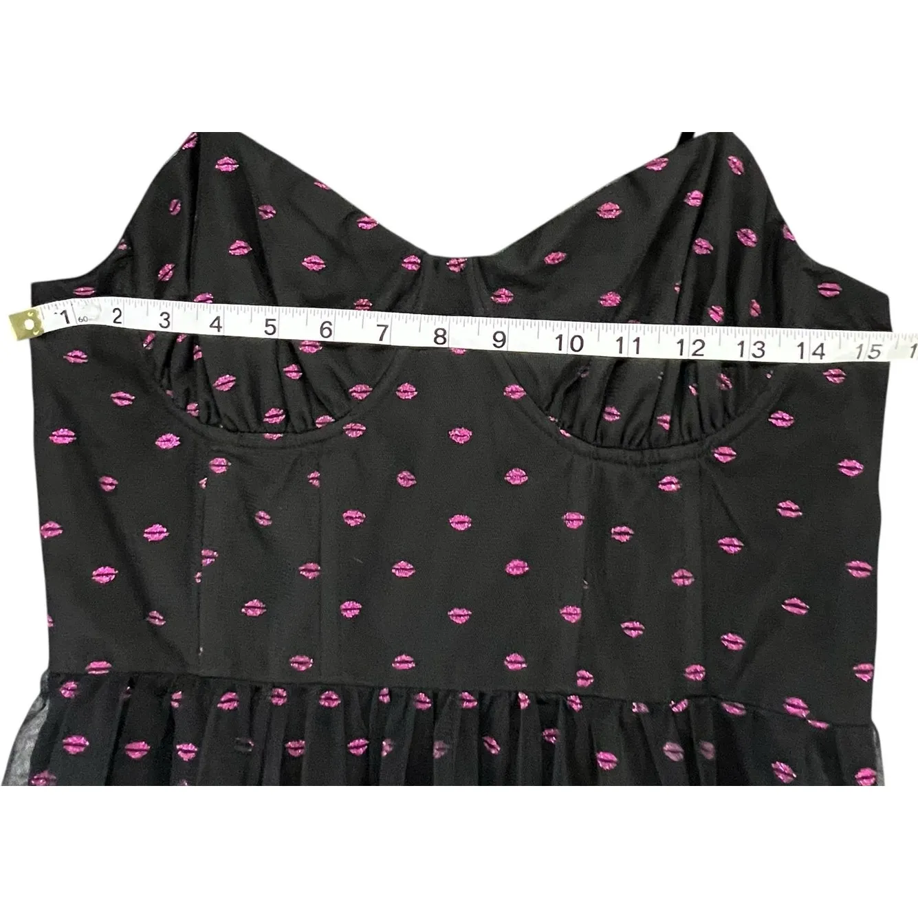 Betsey Johnson Corset Midi Dress 8 Black Lip Print Tulle Mesh Whimsical Romantic - Image 8