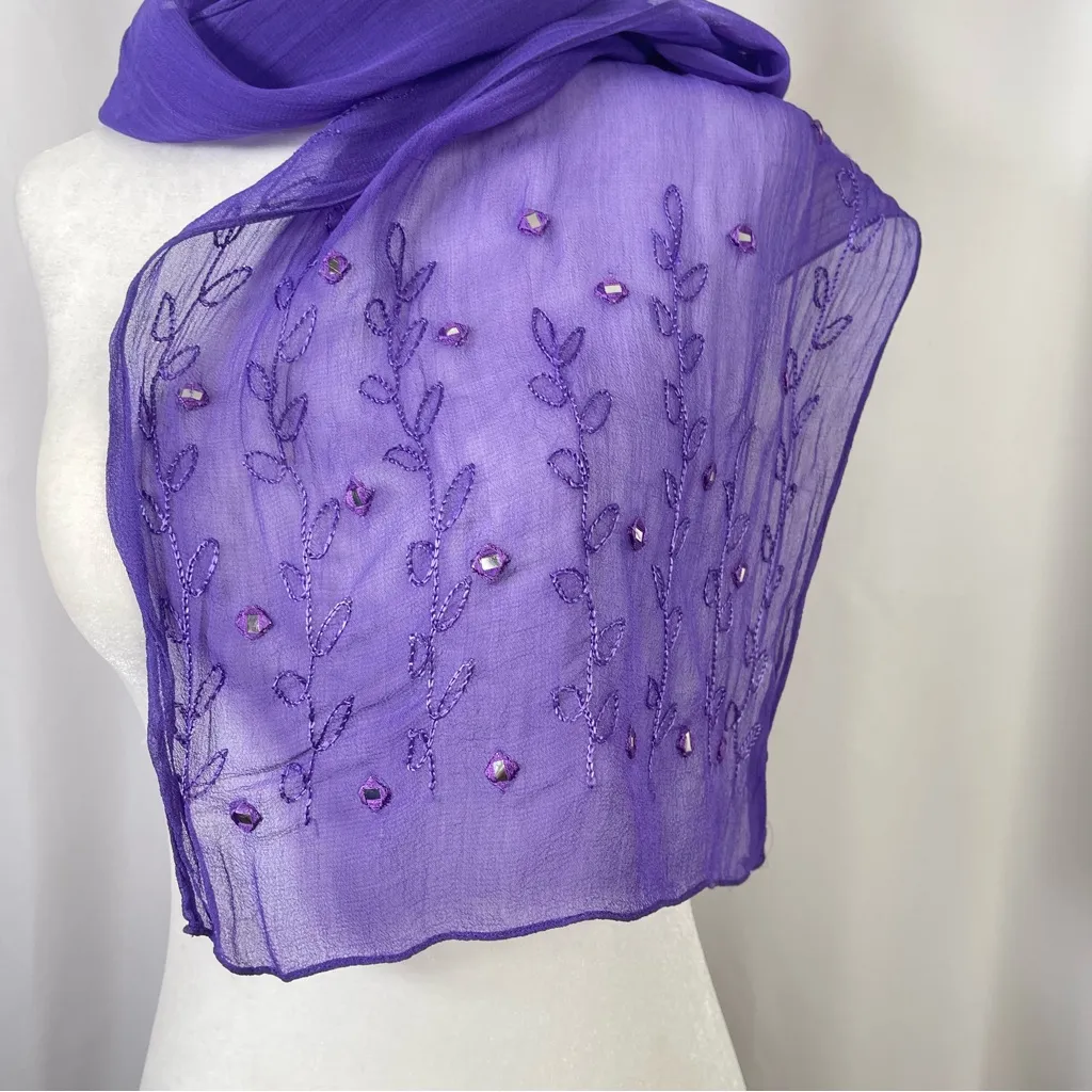 Vintage Embroidered Gauze Jewel Tone Boho Mirror Floral Scarf Shawl Elegant Purple - Image 5