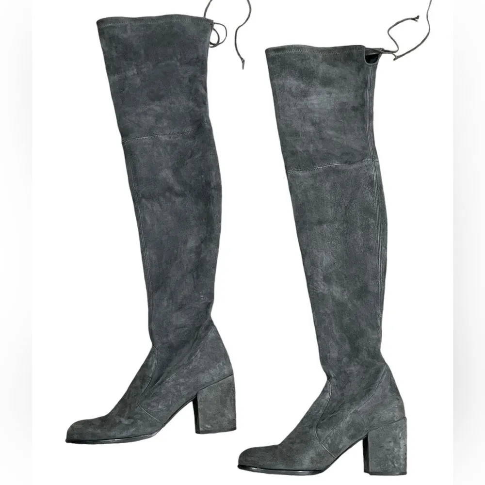 Stuart Weitzman Gray Suede Over-the-Knee Boots Sz 7 Almond Toe Block Heel Shoes‎ - Image 2