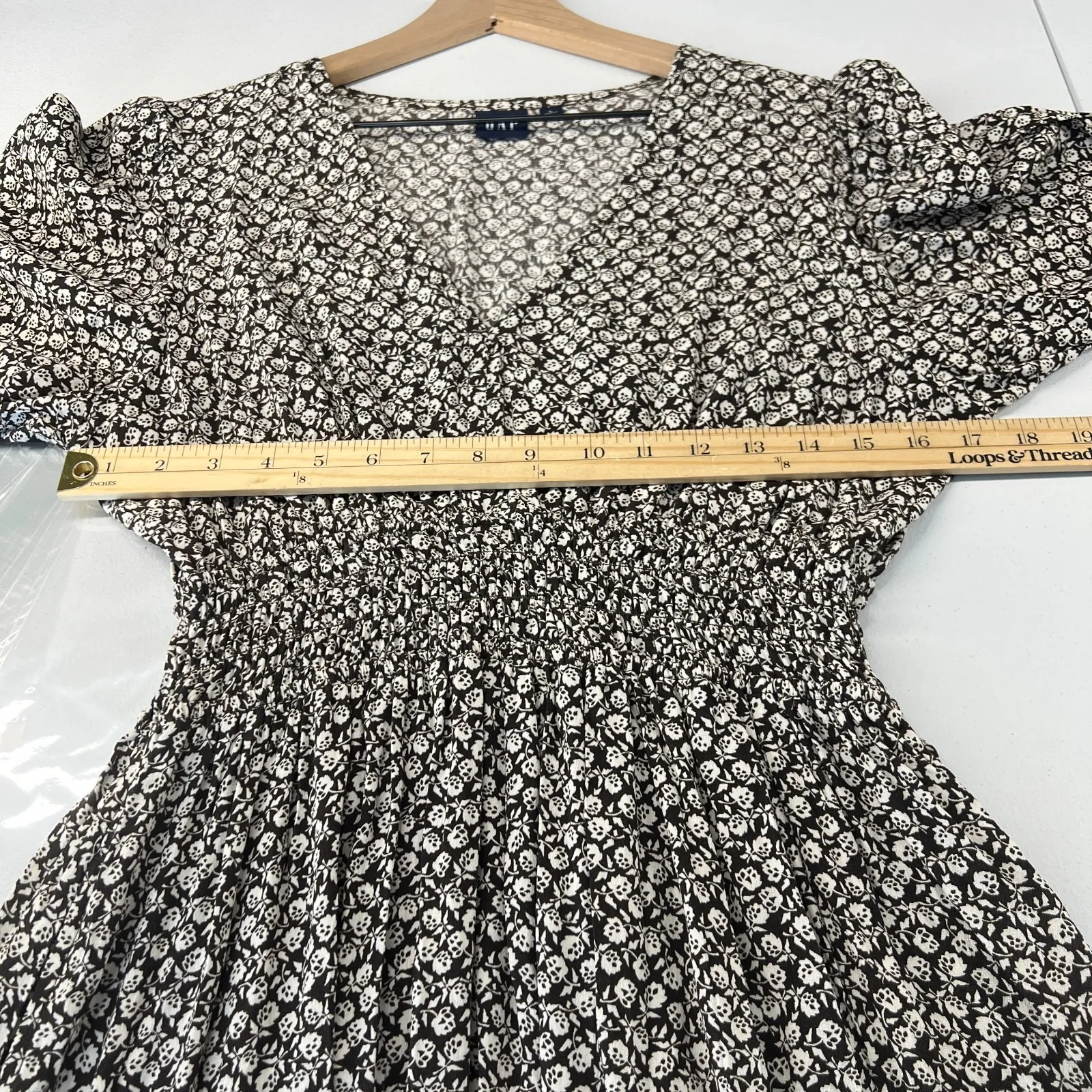 Gap Maxi Dress Womens Large Brown Floral Smocked Waist Ruffle Puff Sleeve V-Neck - Image 12