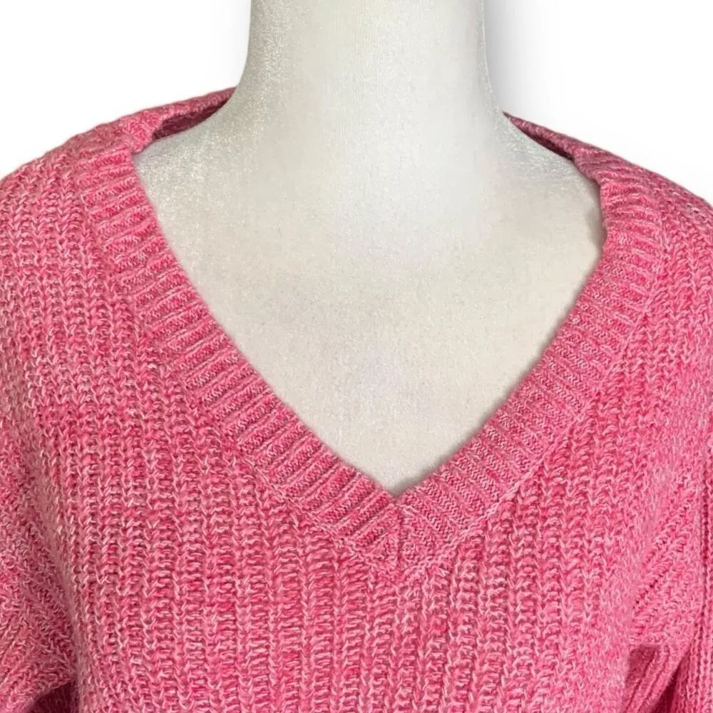 BP V-Neck Sweater Vibrant Pink Marled Knit Cropped Loose Weave Pullover XS - Image 5