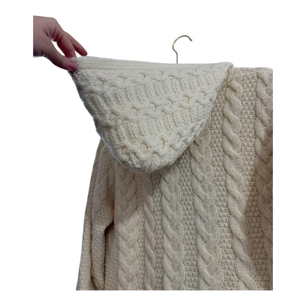 Aran Crafts 100% Merino Wool Chunky Cable Knit Hooded Sweater Zip Up Jac… - Image 5
