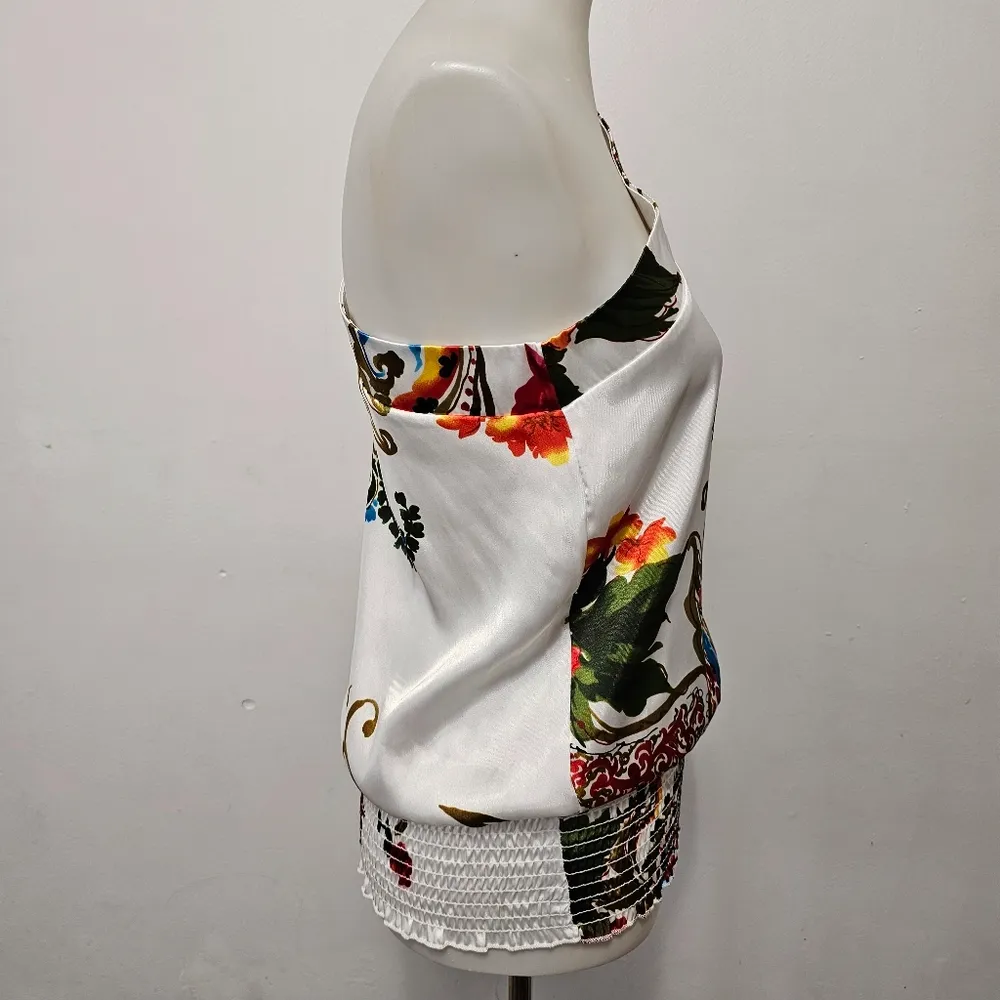 Body Central Y2K White Multi Paisley Satin On Shoulder Blouse Size Small - Image 3