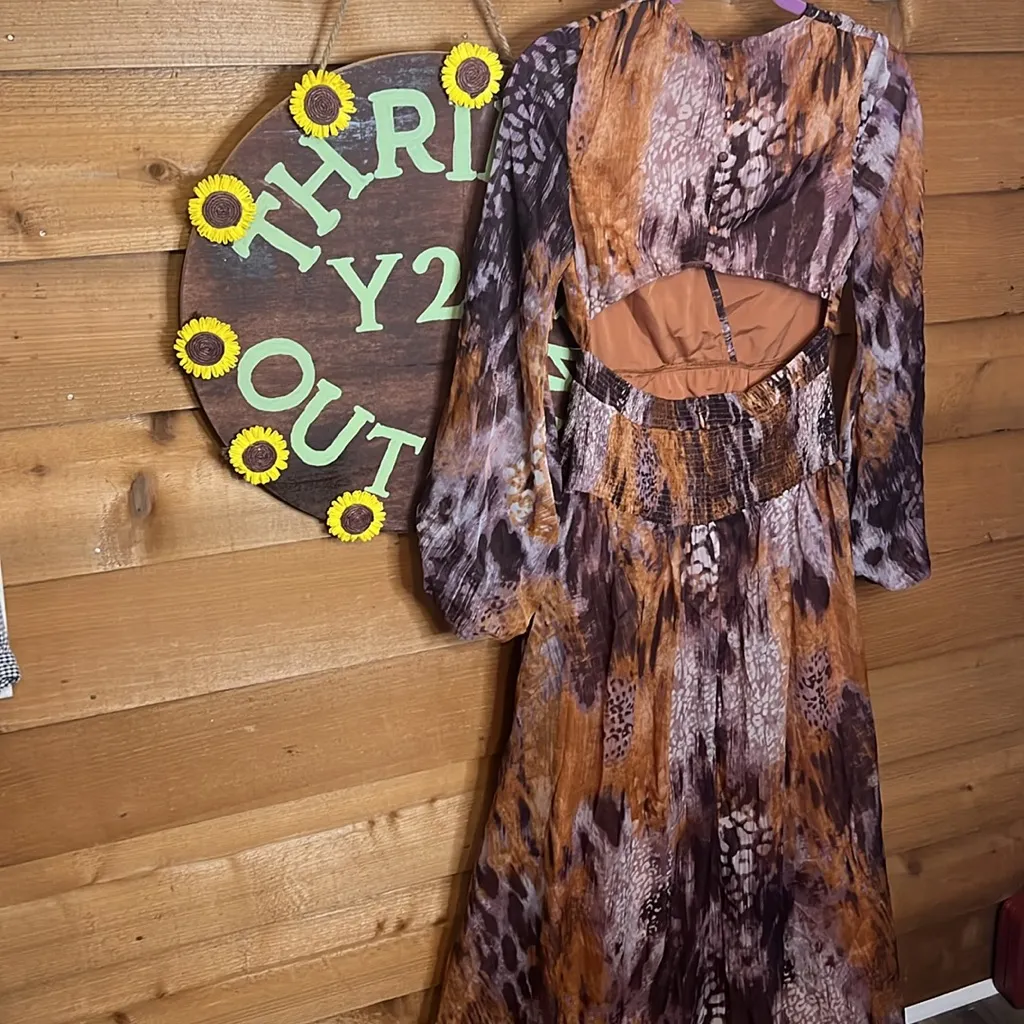 NWT ASOS Leopard Sheer Backless Puff Sleeve Maxi Dress Purple Long Sleeve V Neck - Image 7