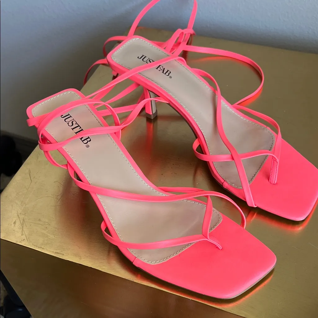 JustFab Mikelle Neon Pink Strappy Kitten Heels - Image 7