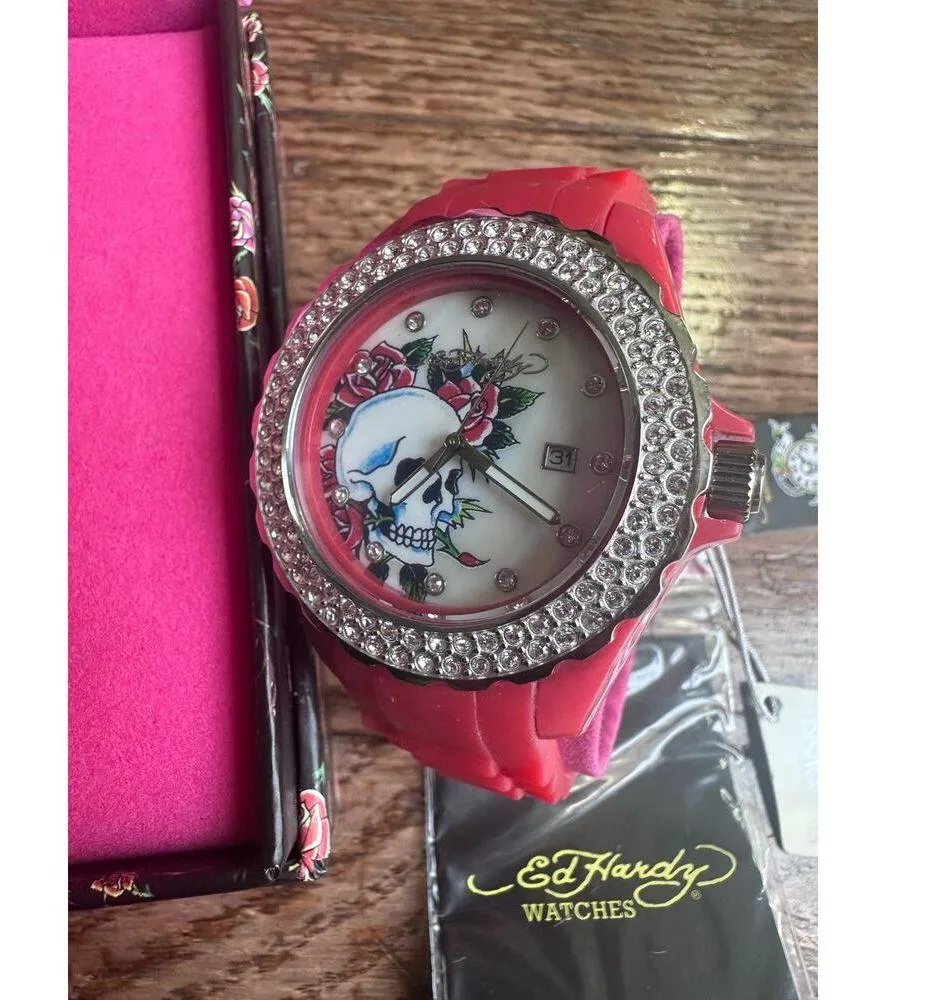NIB Ed Hardy Love Kills Slowly Watch Swarovski Crystals & Red Pink Band Y2K - Image 11