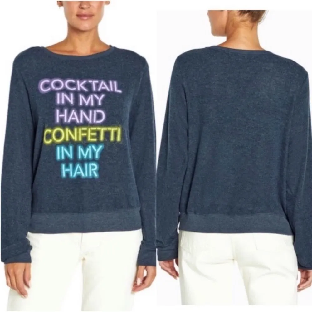 Wildfox NEW  Navy Blue Cocktails & Confetti Pullover Soft Cozy Sweater Large - Image 2