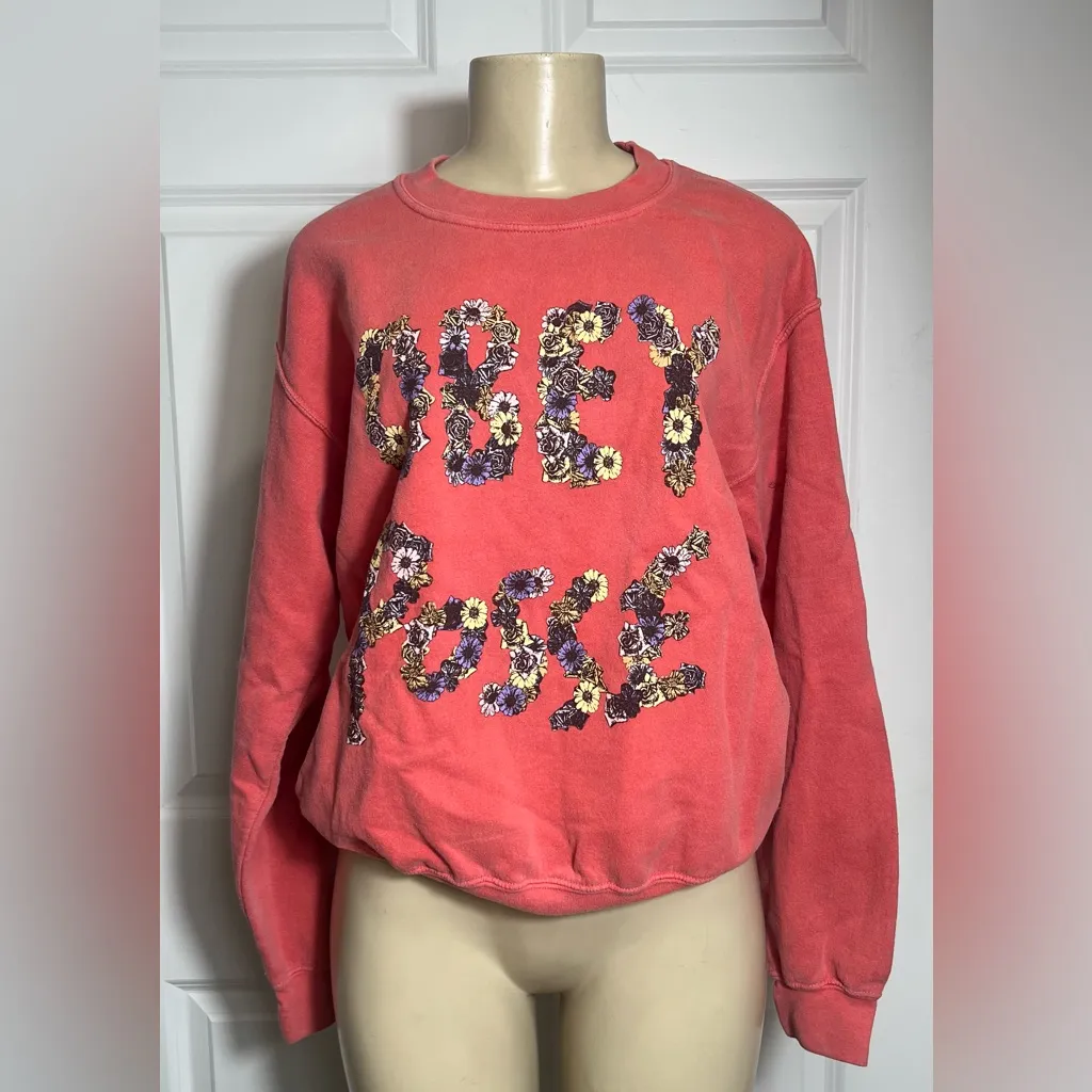 Obey Posse Floral Flower Branded Logo Graphic Coral Crew Neck Sweatshirt - Image 3