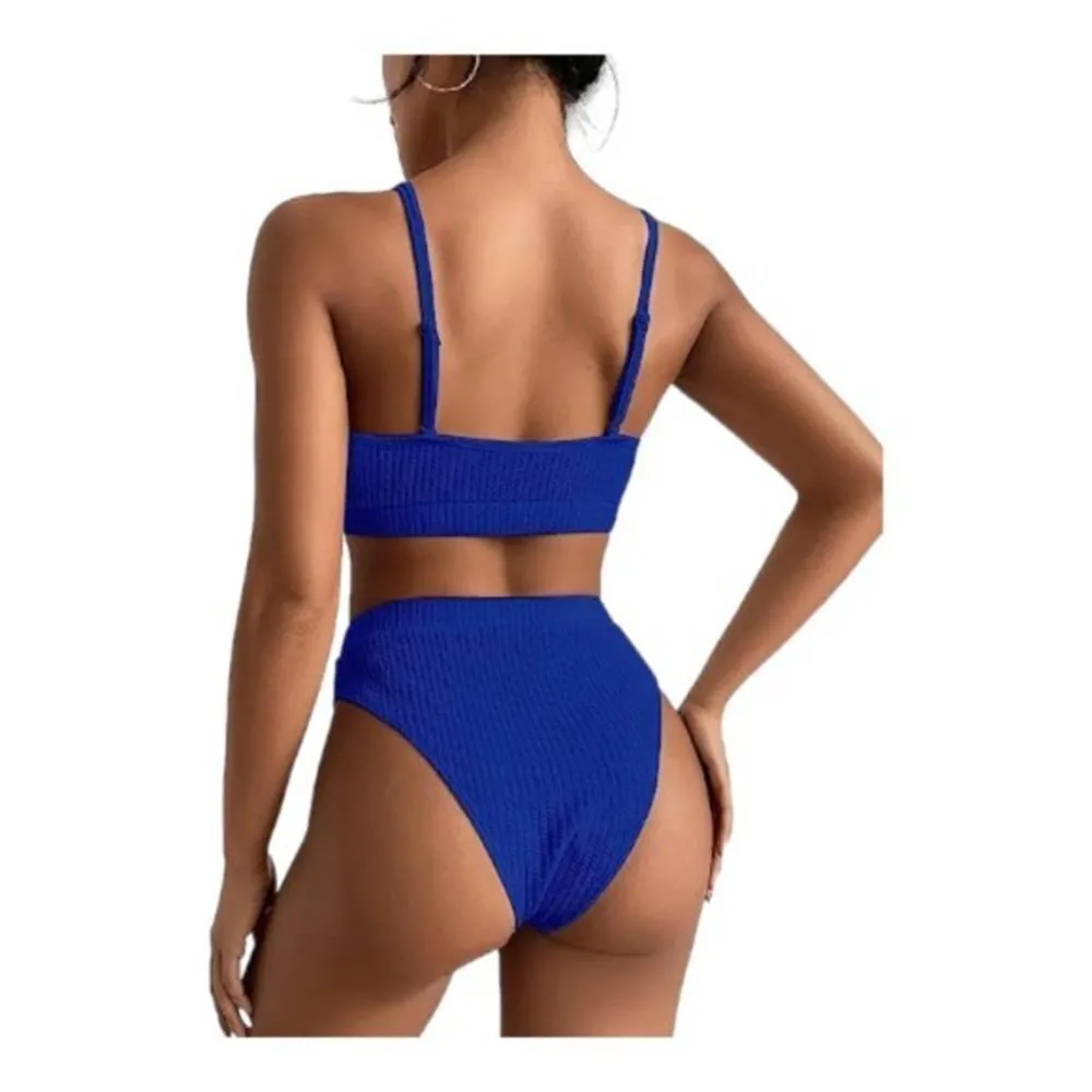 Women's Ribbed Blue High Waisted Brazilian Bikini Swimsuit Size Large NWT #1548 Size M - Image 2
