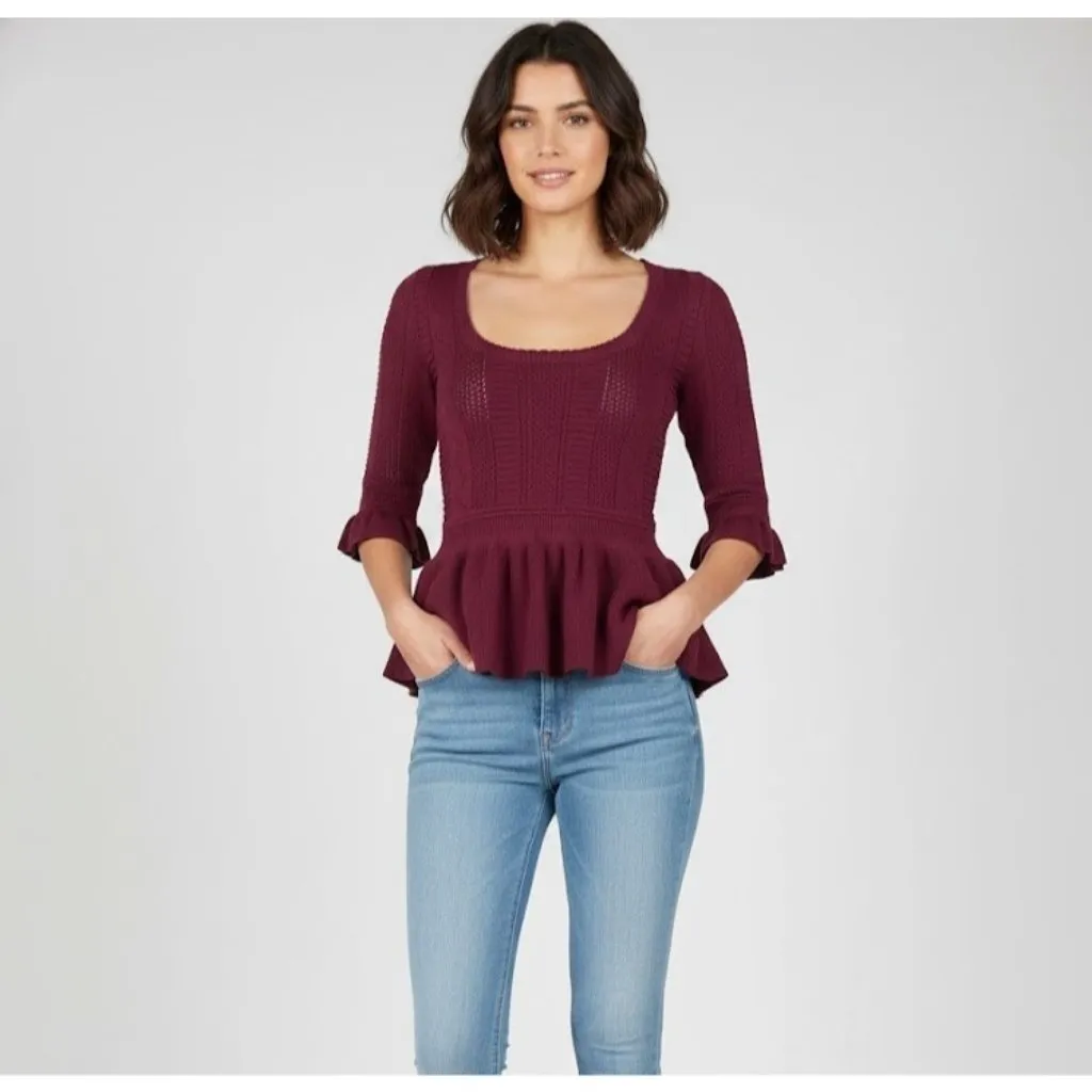 NWT Torn by Ronny Kobo KIMBERLY in Mauve Pointelle Textured Knit Peplum Top S - Image 5