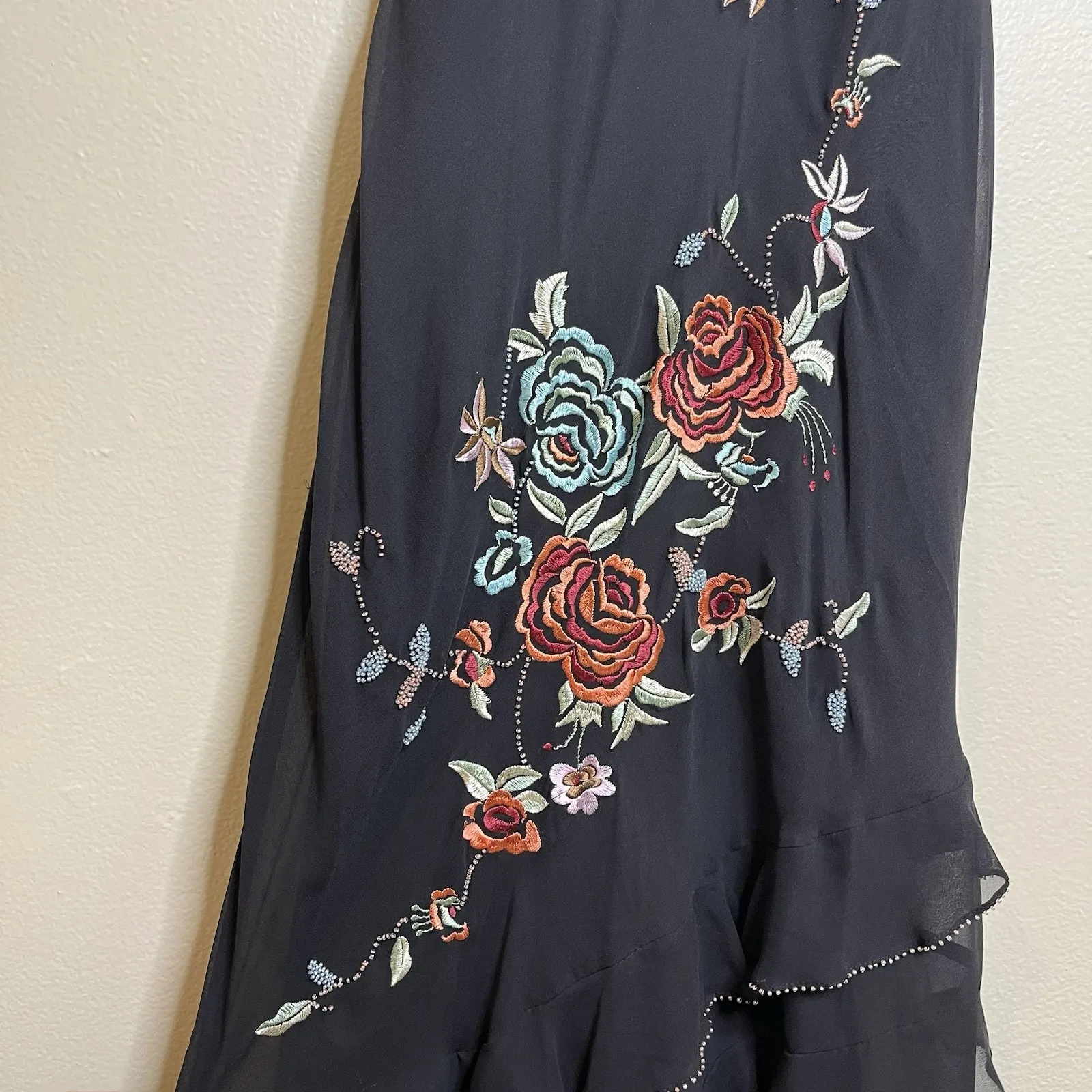 VTG Y2K Mixit Silk Dress Fairy Whimisgoth Spaghetti Event Embroidered Floral 6 - Image 5