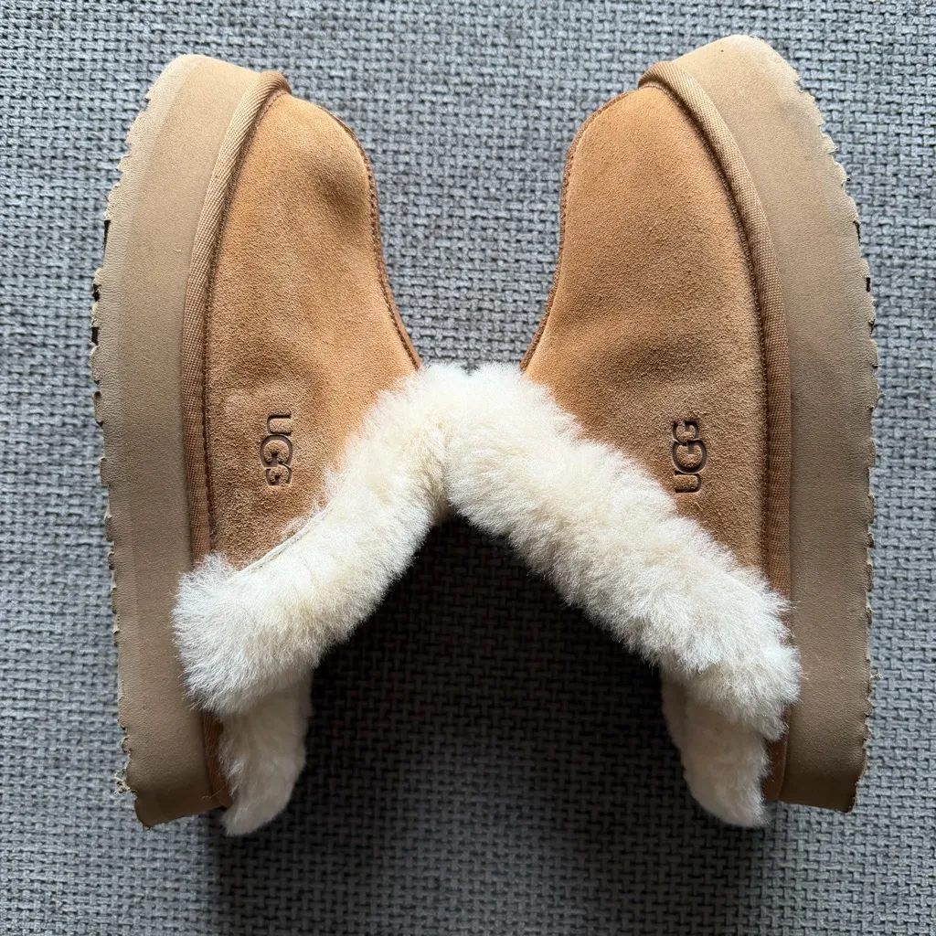 UGG Disquette Suede Slippers Chestnut Sz 9 Sheepskin Fur Lined Cozy House Shoes - Image 6