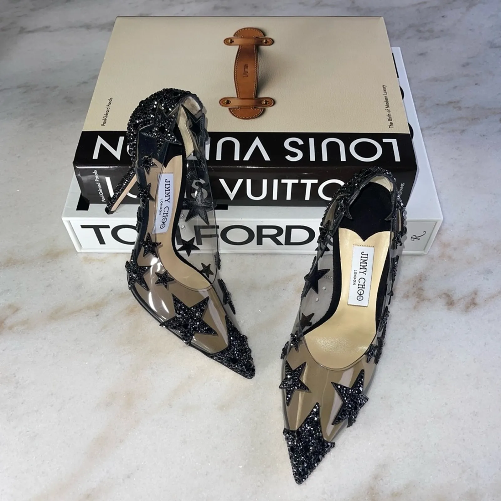 New Jimmy Choo Lisha 100 Black Smoke Mix Plexi Star Patchwork Pumps w Crystals - Image 7