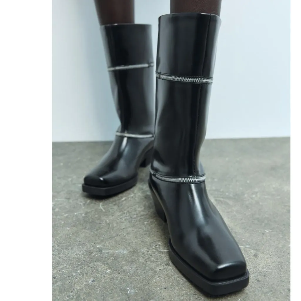 NWT Zara Black ZIPPERED LEATHER Mid Calf Boots EU 36 US 6 Black Bloggers Fave - Image 6