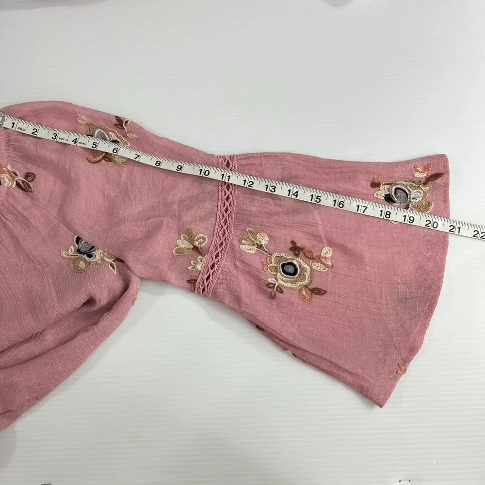 Anthropologie Fig & Flower Pink Dress Embroidered 3/4 Bell Sleeve Boho Sz Small - Image 8