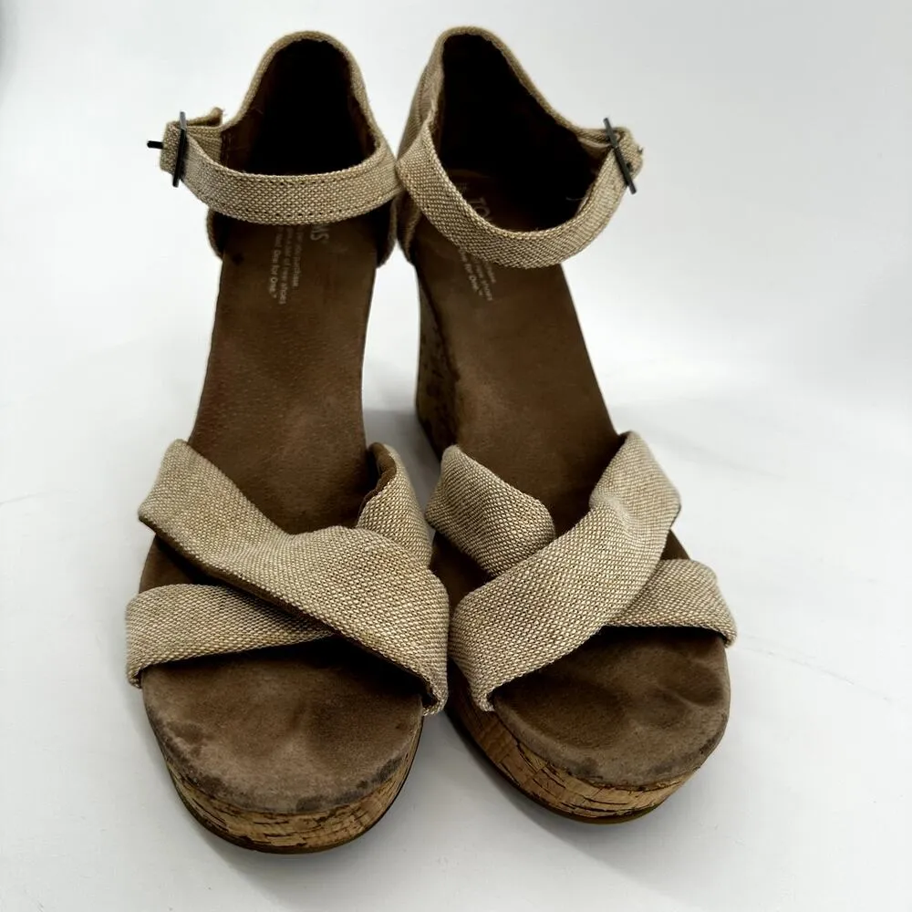 TOMS Sienna Cork Wedge Sandals Crisscross Strap Classic Ankle Canvas Beige 12 - Image 4