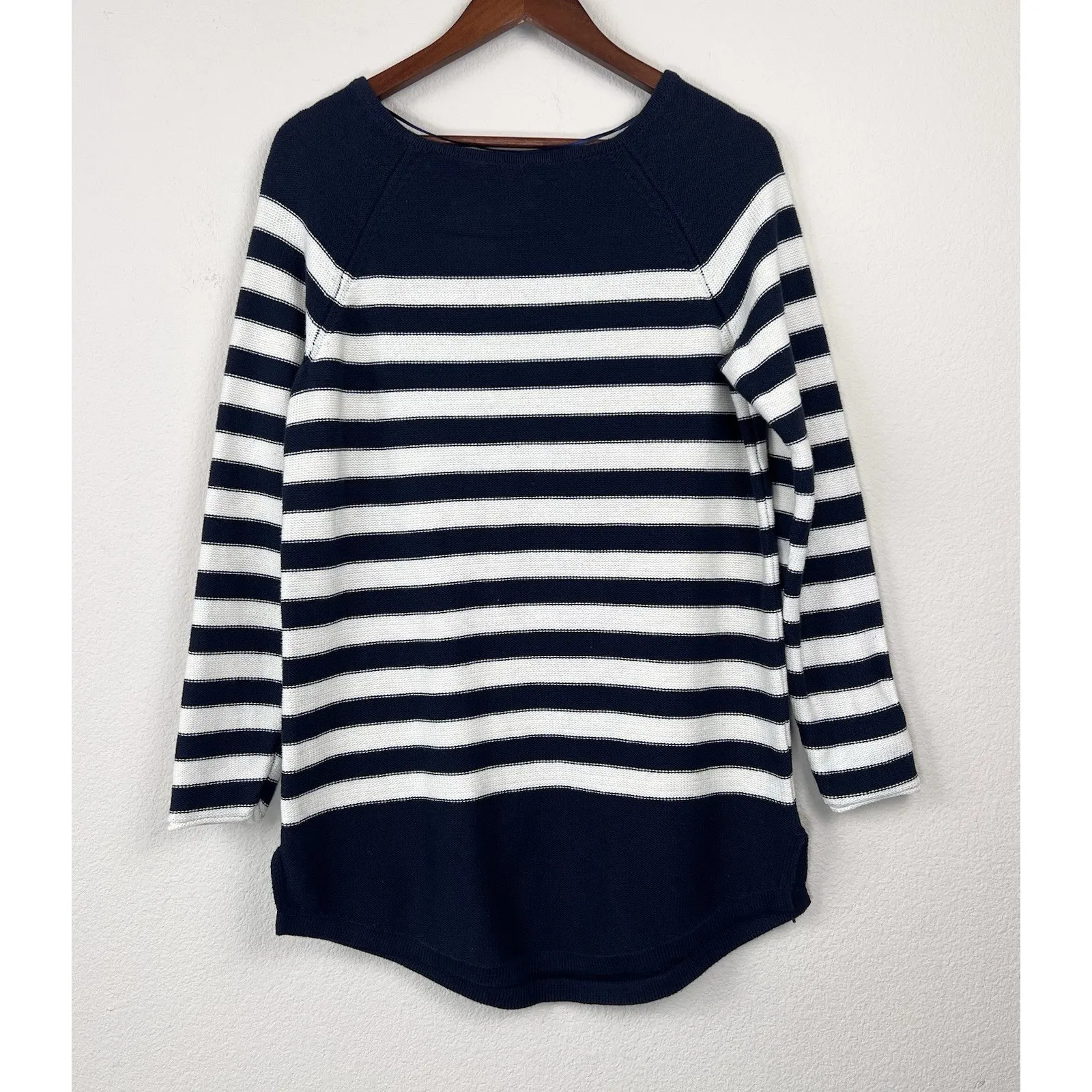 Free People Beach Navy & Cream Striped Knit Sweater S Long Sleeve Tunic Top - Image 3