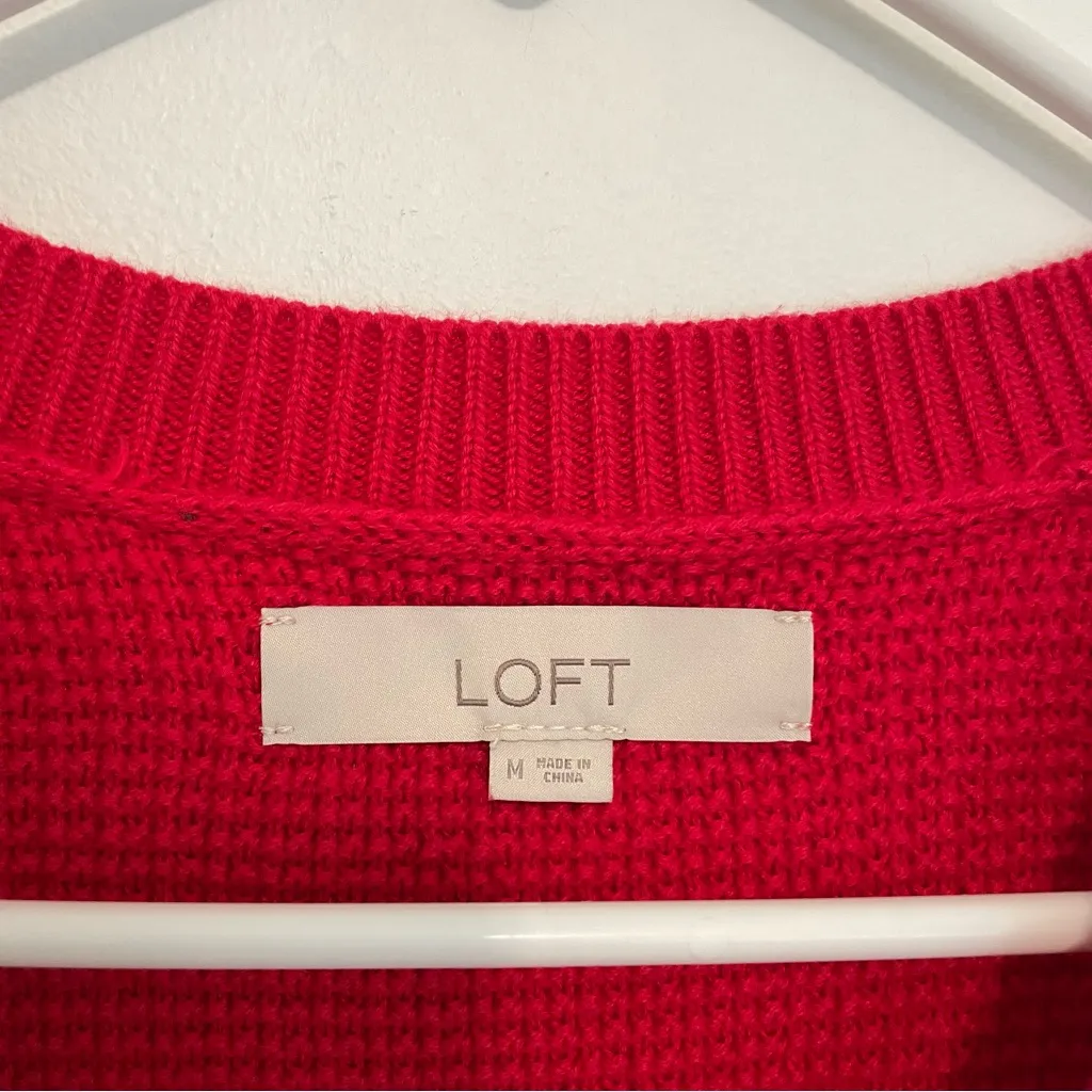 ANN TAYLOR LOFT Textured Button Cuff Sweater Bright Red 100% Cotton Crew Neck M - Image 6