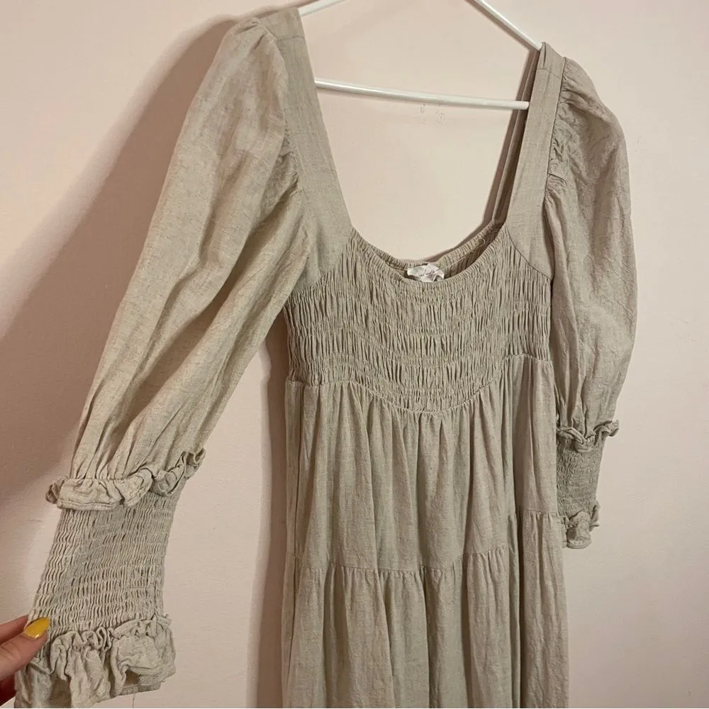 Girl And The Sun Beige Cottage Prairie Midi Dress Linen Blend Size Medium - Image 5
