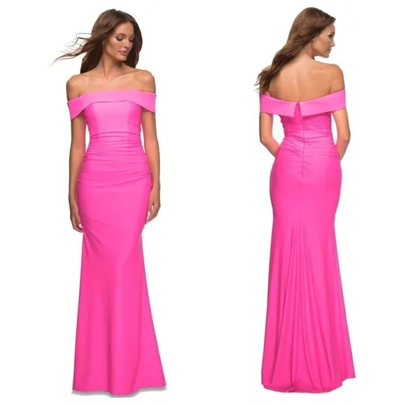 LA FEMME Draped Off Shoulder Gown in Hot Pink Size US 8 - Image 2