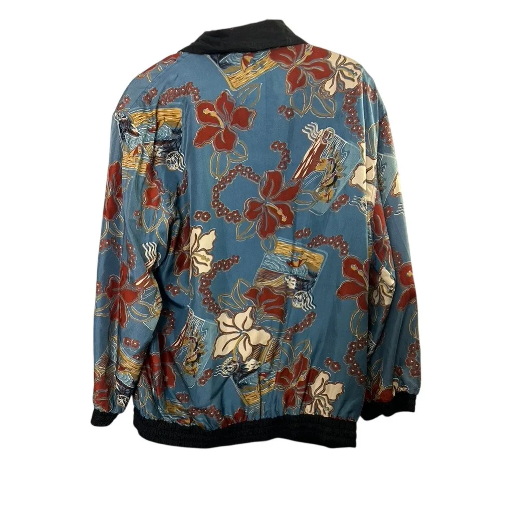 Vintage 100% Silk Blue Floral Bomber Jacket Women's Size XL Shoulder Pads - Image 6