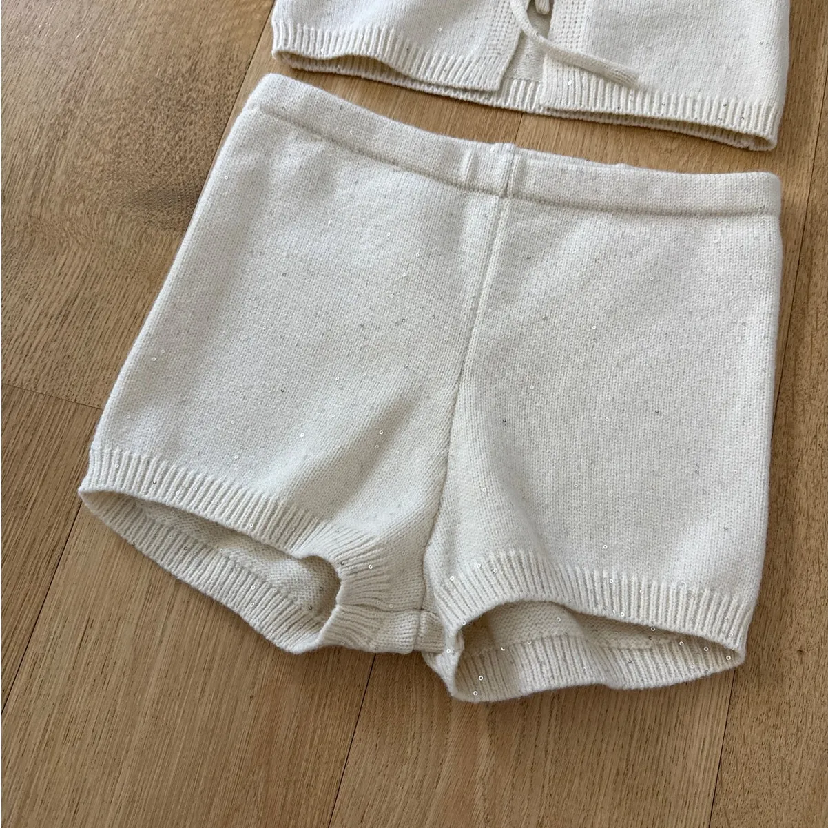 Peppermayo Knit Top & Shorts Set Sequins Ownley Size XS Cream Silver - Image 3