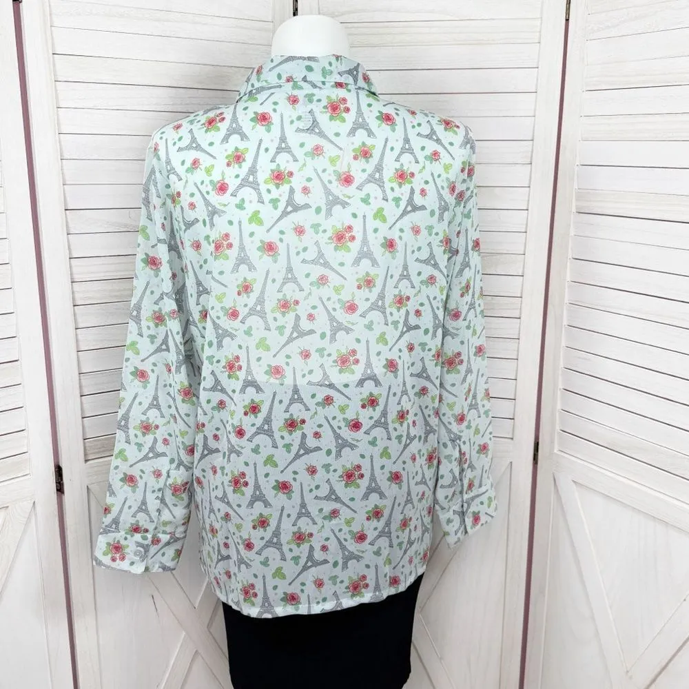 Potpourri Paris Eiffel Tower Rose Asher‎ Oversized Button Up Blouse Blue XL - Image 4