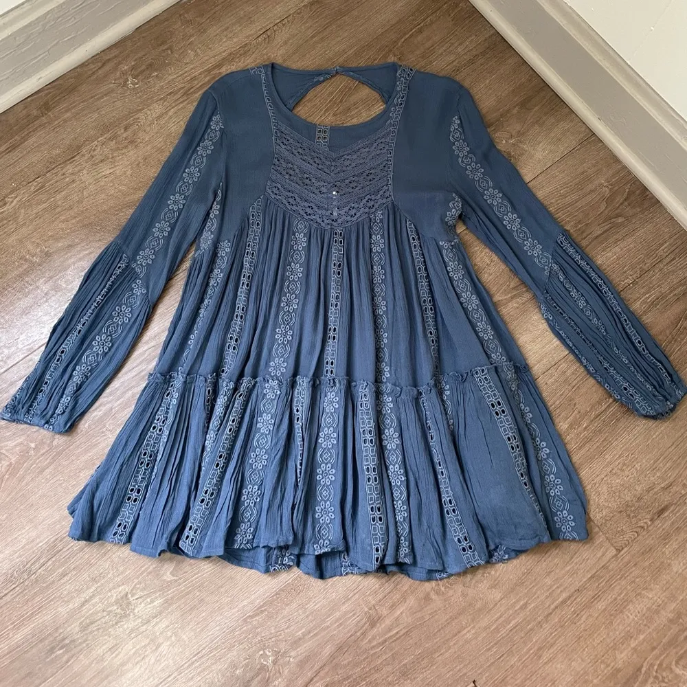 Free People Kiss Kiss Tunic Embroidered Lace Blue Long Sleeve Dress Women’s XS - Image 5