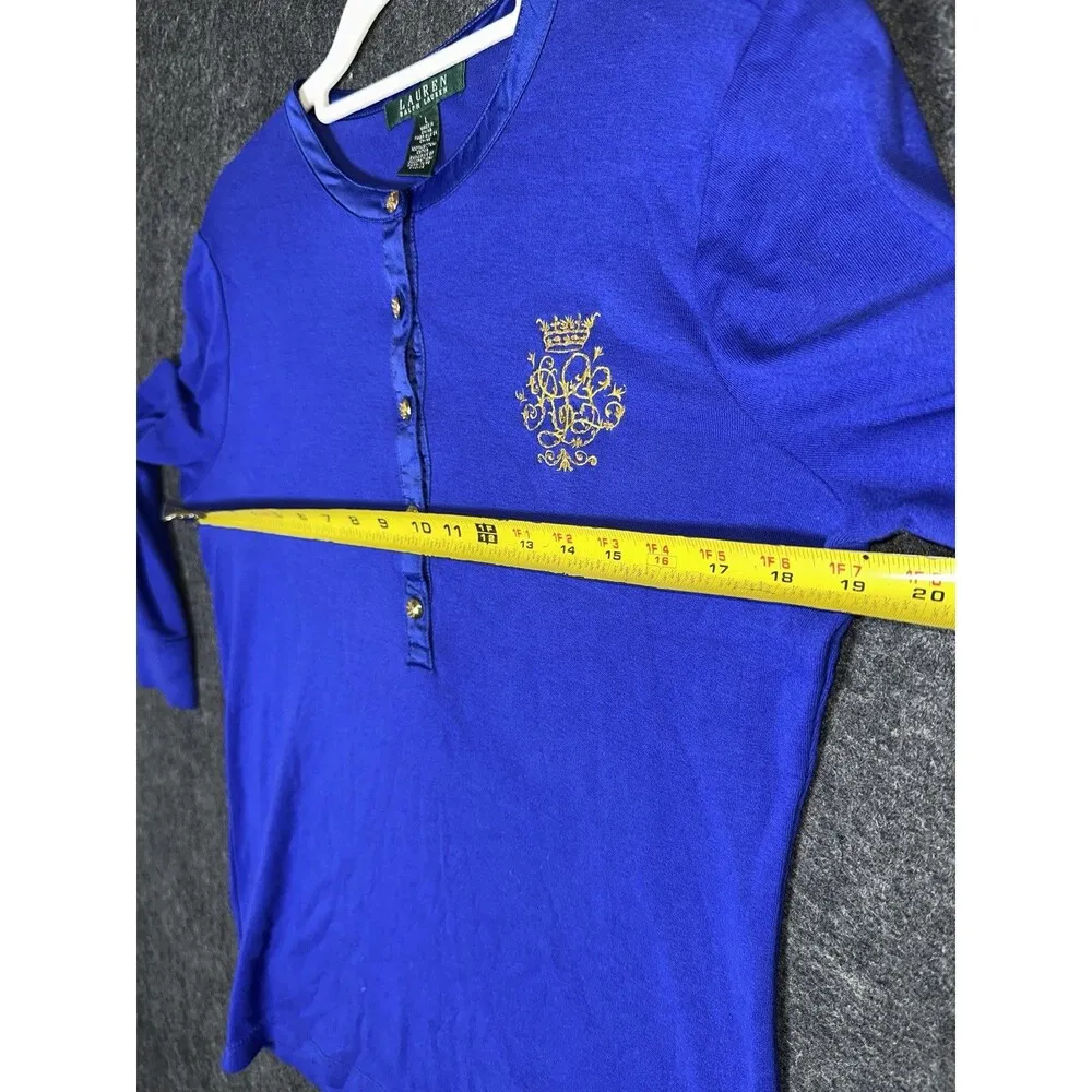 LAUREN RALPH LAUREN WOMENS KNIT BEADED LOGO 3/4 SLEEVE BLOUSE TOP BLUE SZ LARGE - Image 7