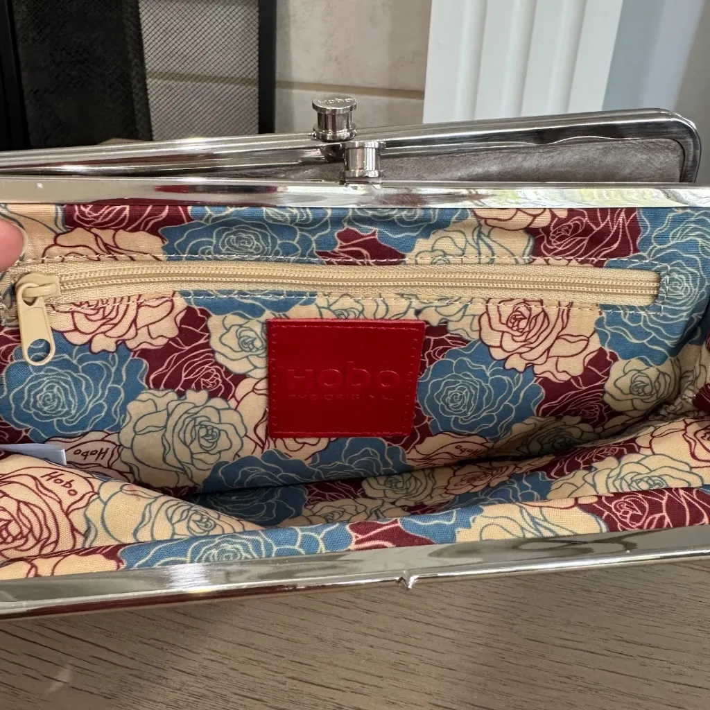 HOBO Stone Gray Leather Foldover Double Kisslock Clutch Wallet - Image 9