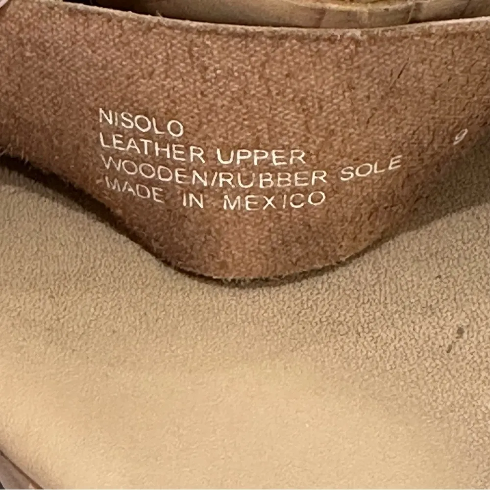 Nisolo Sarita Wooden Wedge Sandal Leather Wrap Ankle Strap Buckle Beige Size 9 Tan - Image 14