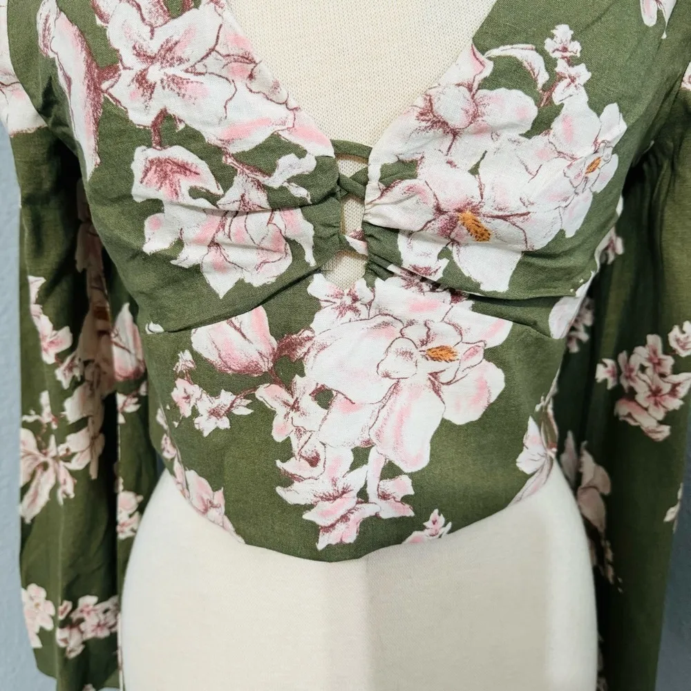 Zara Women Bloggers Fav Khaki Floral Bohemian Linen Blend Cropped Top Sz L - Image 8