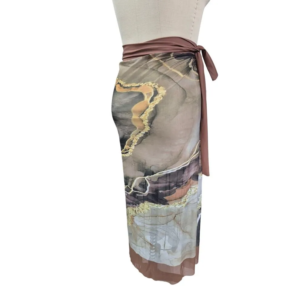 NWOT 1PC Bathing Suit+ Long Sarong Cover Up Set Brown/Gold Marble Sz XL Brown - Image 8