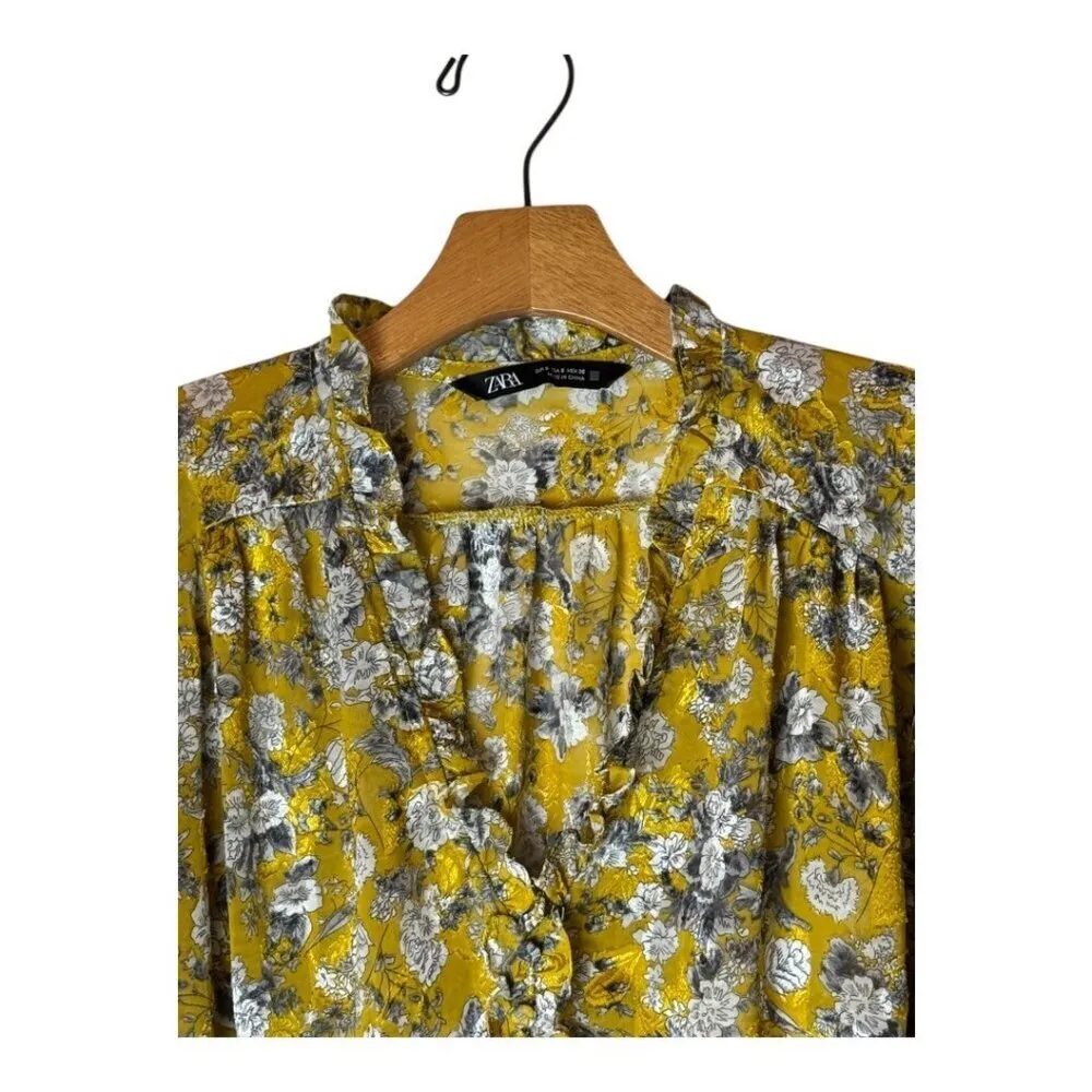 Zara Shirt Women Small‎ Yellow Floral Print Jacquard Ruffle Front Blouse Boho - Image 4