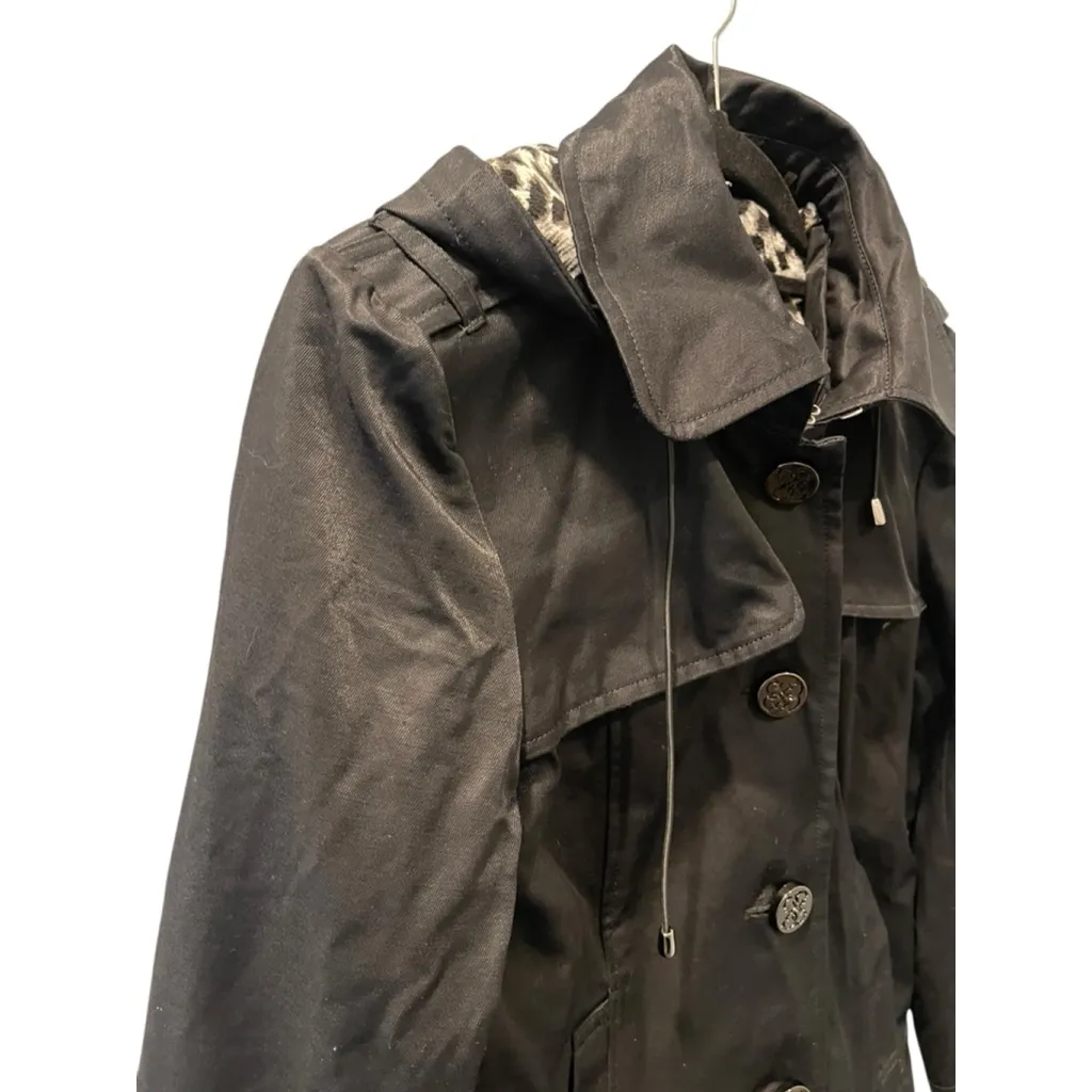 Vintage Y2K Guess Leopard Print Nylon Belted Hooded Trench Coat Size Large Black - Image 4