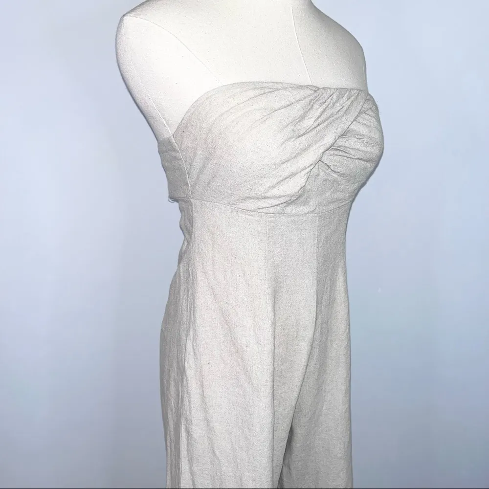 URBAN OUTFITTERS Khaki Light Tan Strapless Linen Wide Leg Jumpsuit Romper XS - Image 6