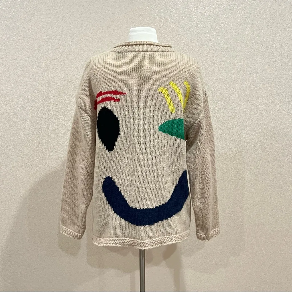 Smiley Wink Face Tan Oversized Sweater Size Medium - Image 5