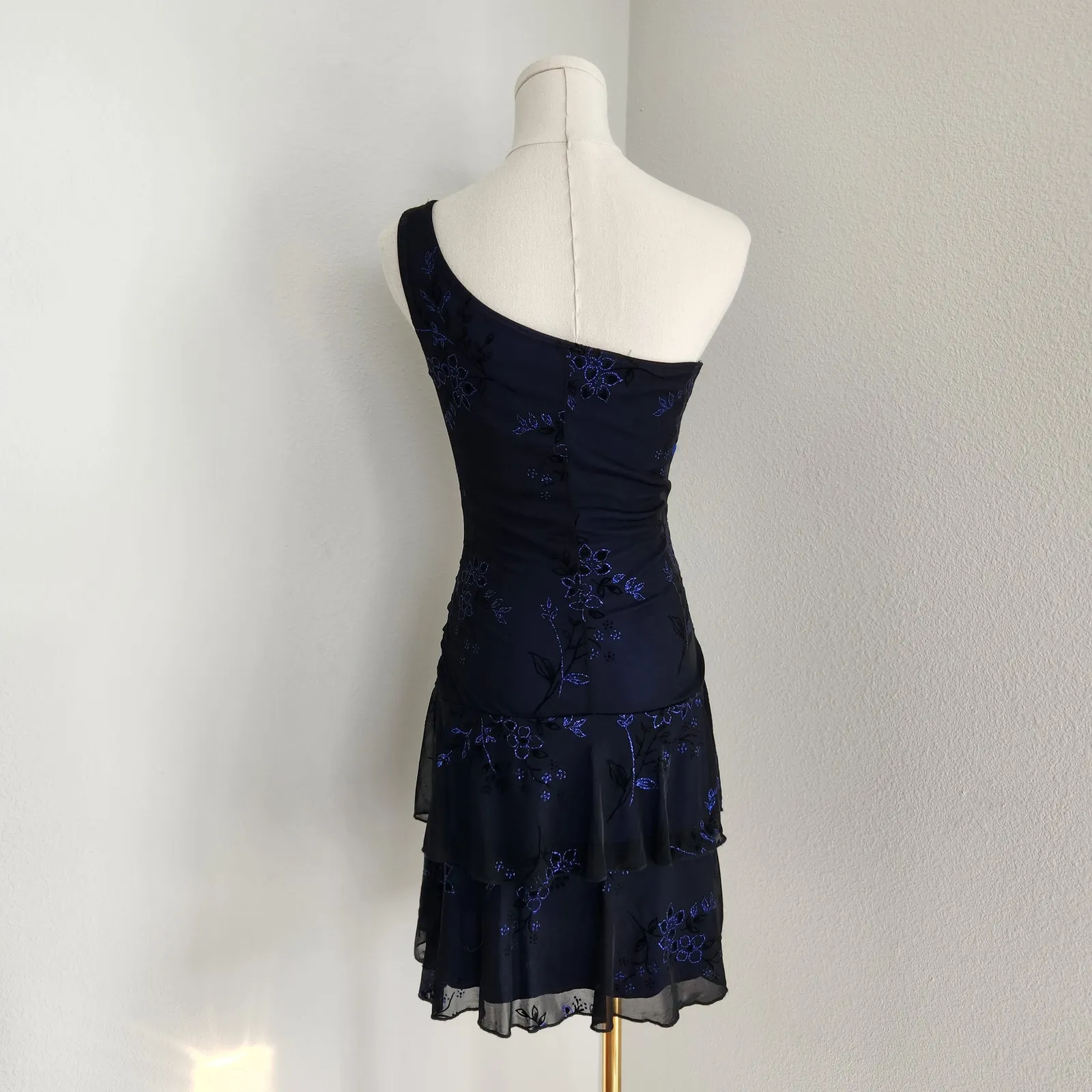 Y2K Deb One Shoulder Black Tiered Mini Dress Blue Floral Drop Waist Bow XS - Image 5