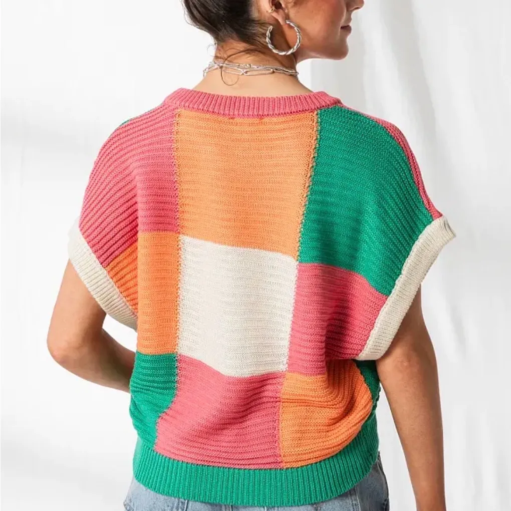 33 COASTAL Checkered Dolman Cropped Knit Sweater Short Sleeve Women’s Size L Pink Size L - Image 2