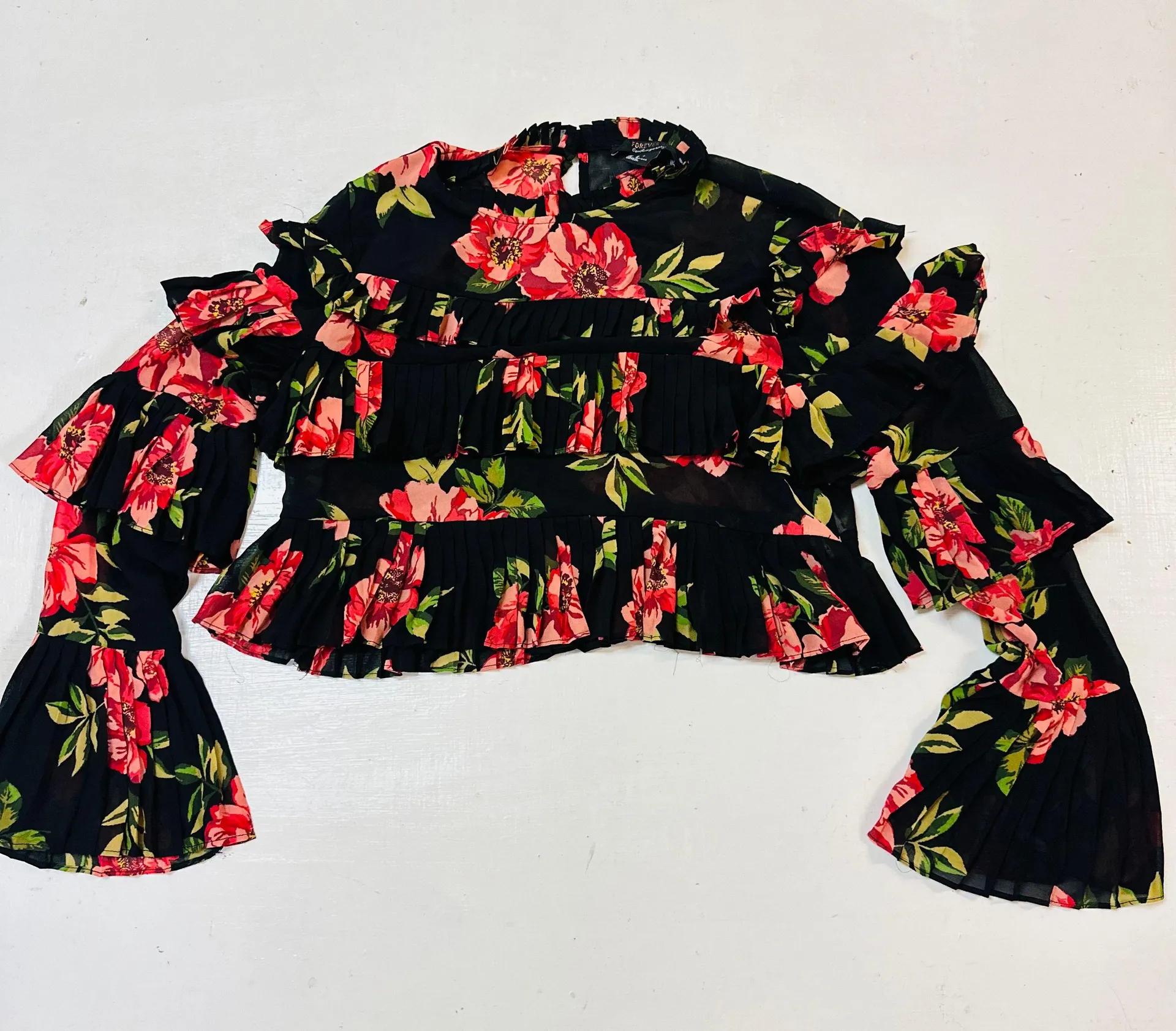 Black Floral Print Ruffle Blouse Size S - Image 8